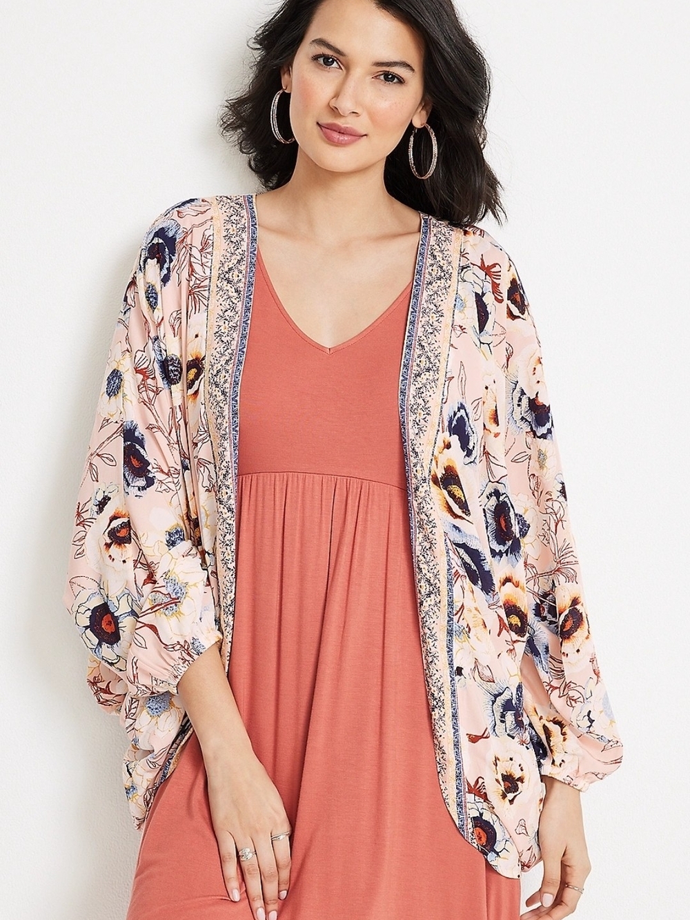Maurices Pink Floral Kimono with Navy and Coral Accents Oversized S/M